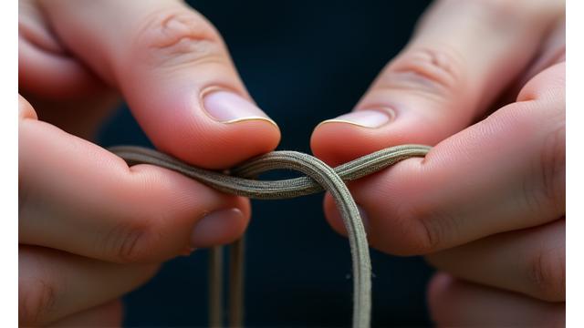 Close-up of hands tying a complex fishing knot, illustrating a detailed educational workshop